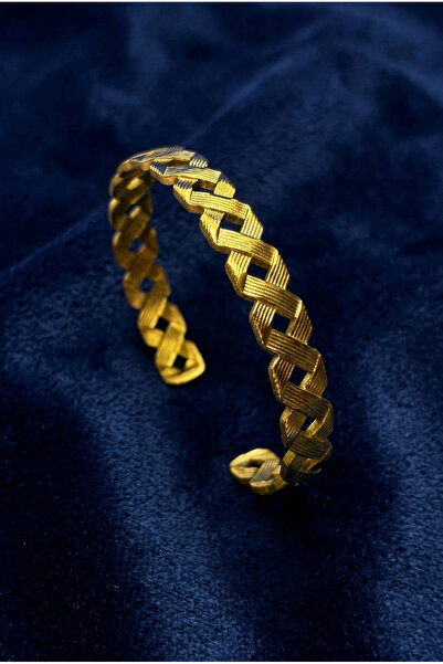 Velcari Kadın Hasır Örgü Dokulu Gold Renk Geniş Cuff Bileklik