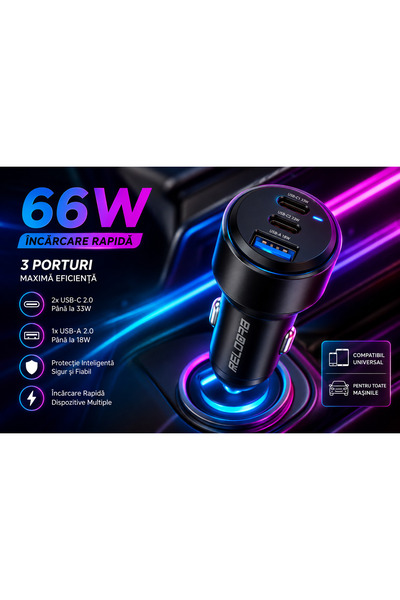 RELOAD Încărcător Auto Re-load 66W Fast Charge cu 3 Porturi USB și USB-C Comp...