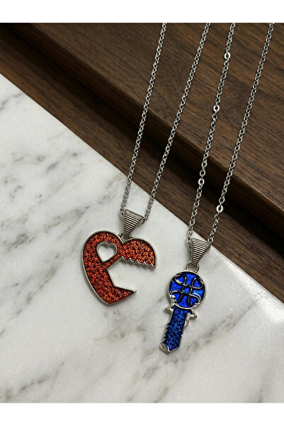 Velcari Couple Lover Steel Chain Red Blue Enamel Stone Heart Lock Key Necklac...