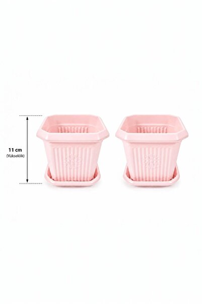 GÜZELYÜZ AVM 2 Adet Kare Saksı Seti | Pembe Renk Tabaklı Saksı Seti 1 Litre 1...