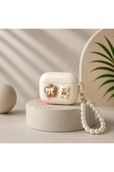 CrabCase Airpods 3. Nesil Uyumlu Ayıcık Detaylı İnci Askılı Kulaklık Kılıfı