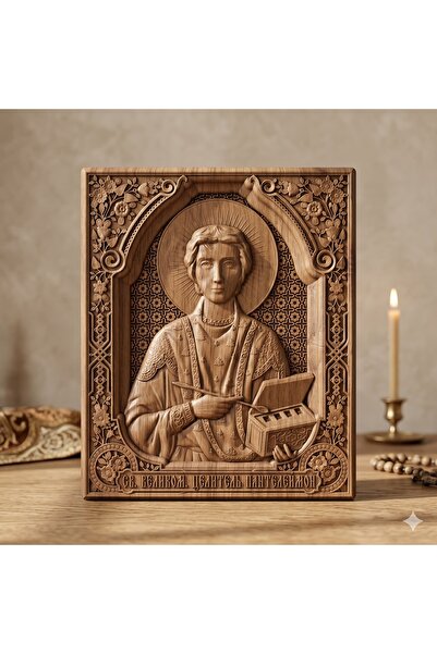 OEM Icoană sculptată în lemn masiv de stejar – Sfântul M. Mc. Pantelimon – 30...