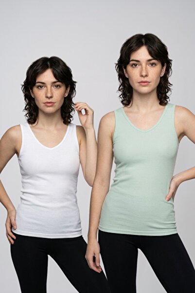 fevien 2-Pack Women's V-Neck Thick Strap Self-Bra Covered Ribbed Camisole Cot...