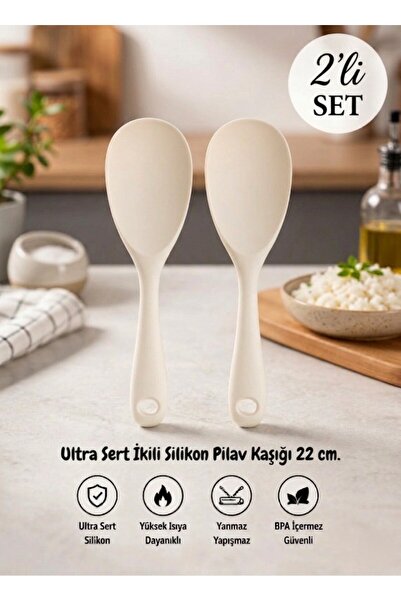 TARIK HOME 2'li 22 cm Sert Uçlu Beyaz Silikon Karıştırma Kaşığı Seti, Pilav K...