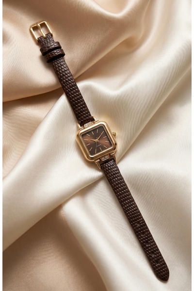 KLISHE Butik Minimal Kadın Saat Gold Renk & Kahverengi Kadran Kare Kasa Deri ...