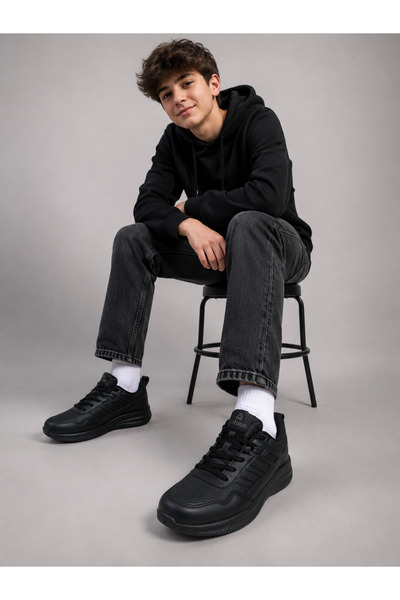 LETOON Boy's Black Parachute Lining Comfortable Insole Lace-Up Sneakers