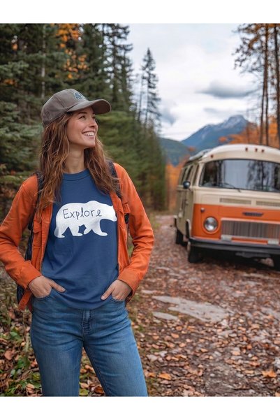 North Whiskers "Explore" White Bear Printed 100% Cotton Navy Blue Outdoor T-Shirt