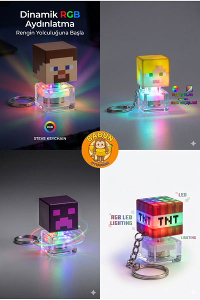Babun Oyuncak Minecraft Temalı 4'lü Stres Oyuncağı Set - RGB Işıklı Mekanik K...