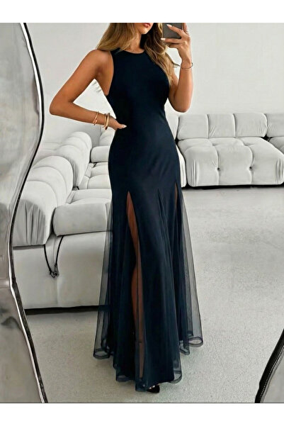 Efnaz style Women's Strappy Crew Neck Asymmetrical Hem Tulle Detailed Long Im...