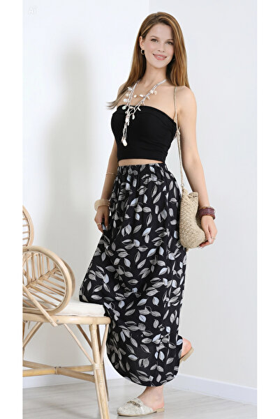Aslında Look Patterned Viscose Women's Skirt with Elastic Waist, Summer Flowy...