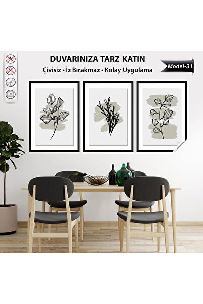 Tutunabilir Kağıt Statik Tutunma Özellikli 3’lü Minimal Yaprak Çizimli Tablo ...