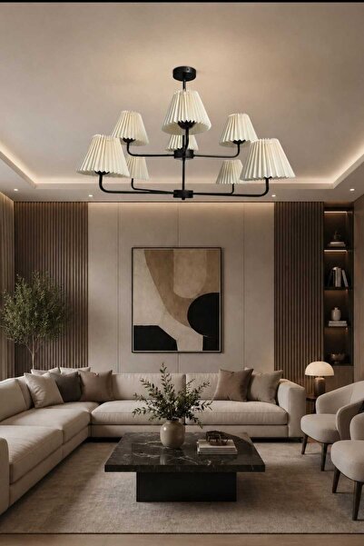 BSA LIGHTING MİLANO 8'Lİ SİYAH BOYALI MODERN AVİZE (KONİK KREM ABAJURLU)