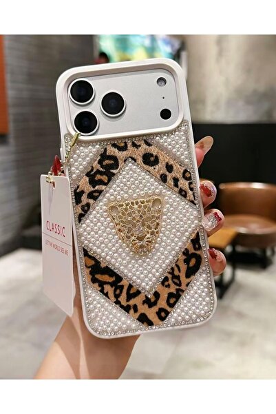 KILIF HOUSE Iphone 15 Pro Max Uyumlu Leopar Desenli İnci Taşlı İşlemeli Premi...