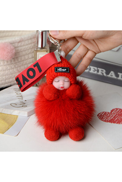 Choice4 red Pompom Sleeping Baby Keychain Cute Fluffy Plush Doll Keyholder Wo...