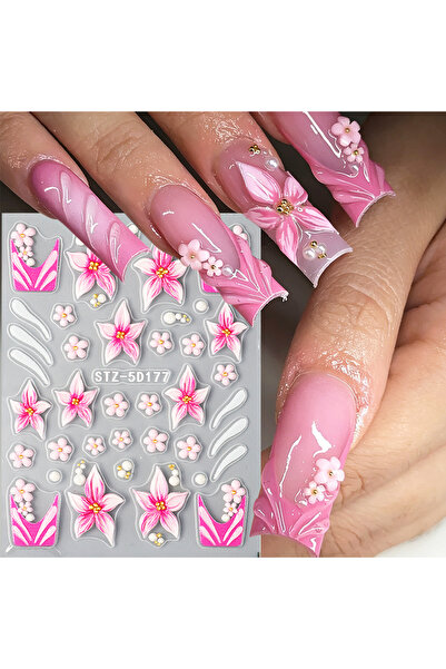 Choice 1 قطعة STZ-5D177 1/2 قطعة ملصقات أظافر بتصميم زهور وردية منقوشة، بتلات...