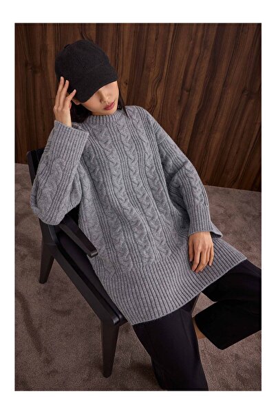 LC Waikiki Nevavm Fretted Long Sweater with Difference in Color Grey