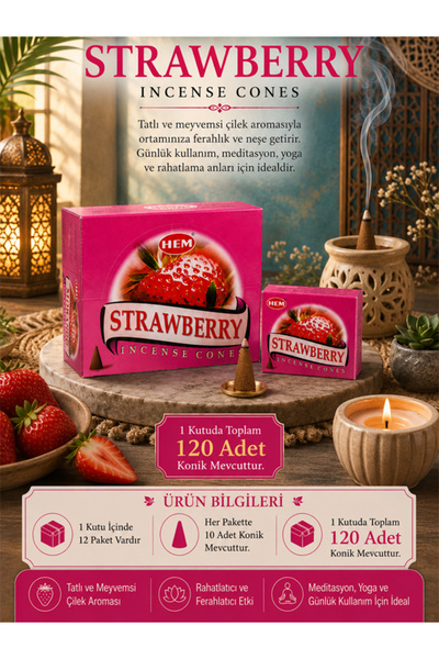 Hem Tütsü Strawberry Konik Tütsü 120 Adet – Çilek Aromalı Konik Tütsü