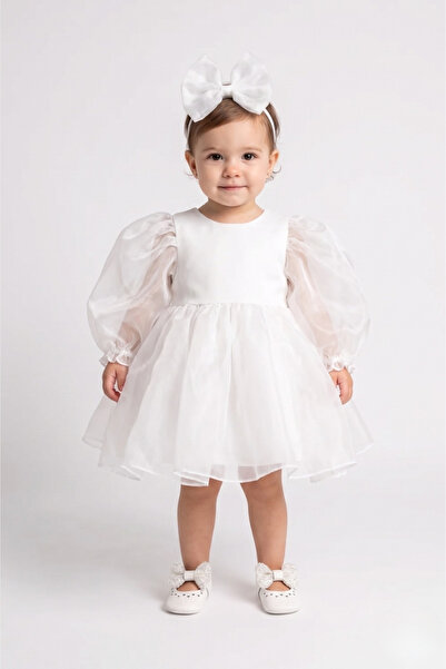 Le Mabelle White Long Sleeve Organza Baby Girl Party Dress - Sage