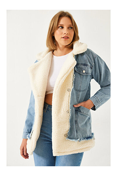 LC Waikiki Nevavm Women's Tedy Lining Detailed Four-Pocket Denim Jacket