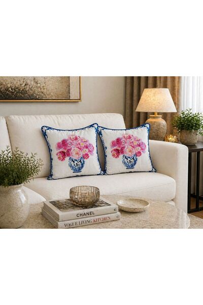 adenkahome Blue Blanc Series, Piping Suede Cushion Cover Double-Sided Printed...