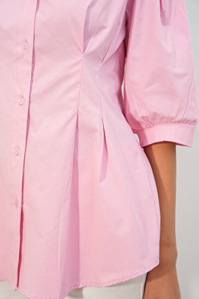 Generic Brand Women's Pleated Skirt with Waistband and Short Sleeves Pink Shirt