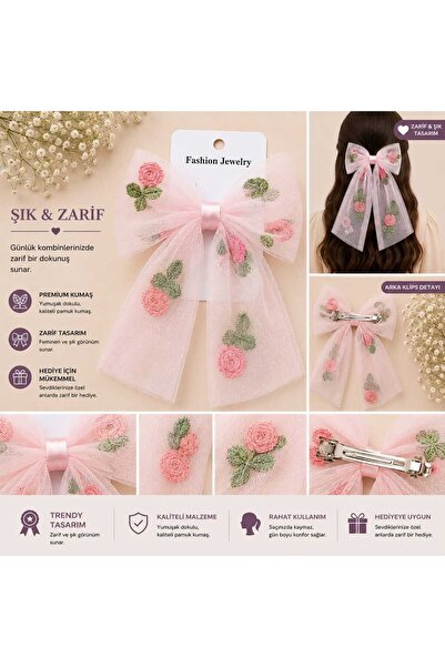 Aselaksesuarr Gül İşlemeli Tül Detaylı Büyük Fiyonk Klipsli Kadın & Kız Çocuk...