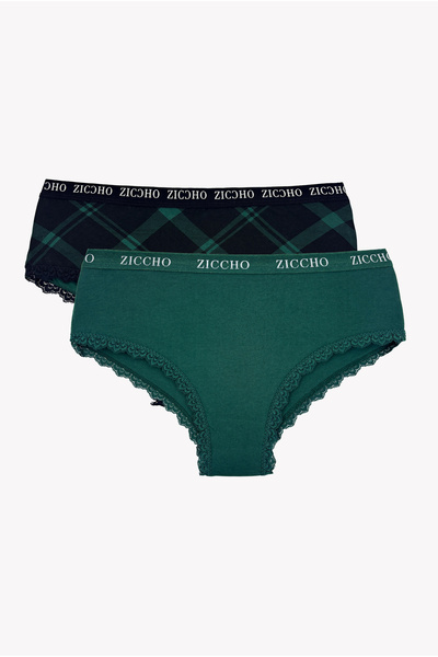 ZICCHO Women's Green Plaid Patterned Cotton 2-Piece Hipster Panties Set with ...