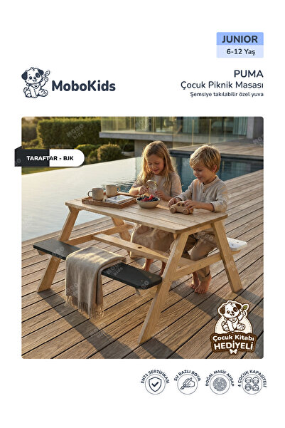 mobokids Çocuk Piknik Bankı Puma Masif Ahşap 4 kişilik Junior 6 - 12 Yaş Tara...