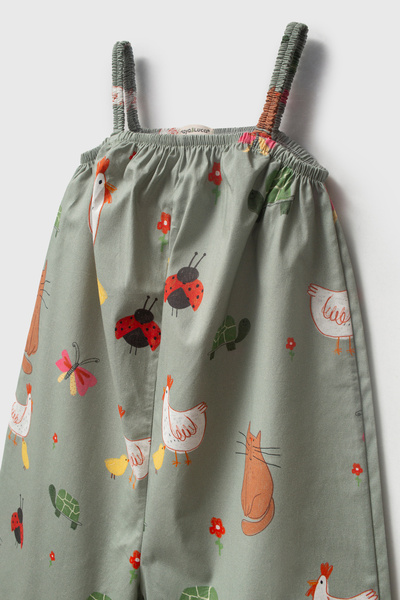 Maya And Luca Little Farm Patterned 100% Cotton Girls Summer Green Overalls Salopet