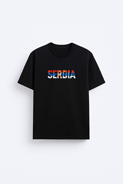 AYDESİGN تي شيرت أسود مطبوع عليه Serbia Sırbistan برقبة دائرية