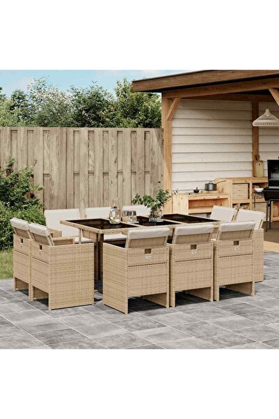 vidaxl Set mobilier de gradina cu perne, 11 piese, bej, poliratan