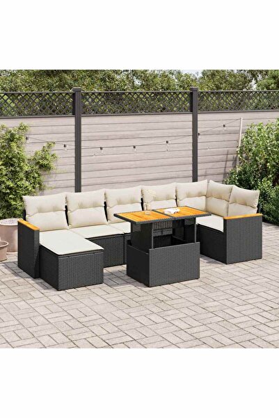 vidaxl Set mobilier gradina perne 8 piese negru, poliratan/lemn acacia