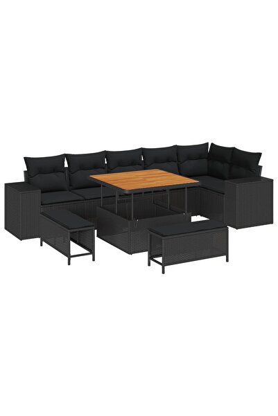 vidaxl Set de canapele pentru gradina cu perna 9 pcs Negru poliratan