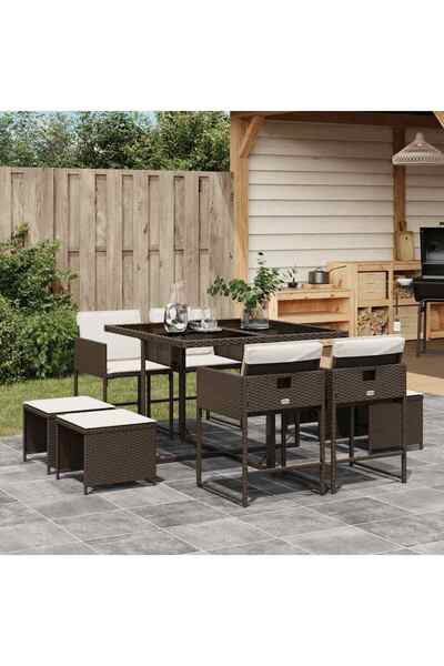 vidaxl Set mobilier de gradina cu perne, 9 piese, maro, poliratan