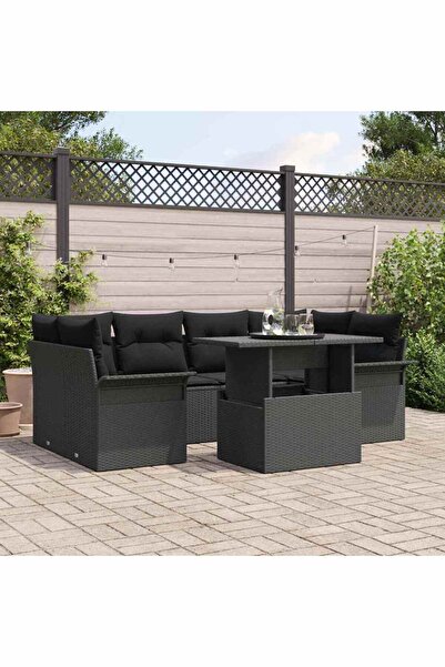 vidaxl Set de canapele pentru gradina cu perna 7 pcs Negru Rattan poli