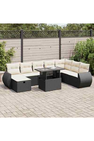 vidaxl Set mobilier de gradina cu perne, 9 piese, negru, poliratan