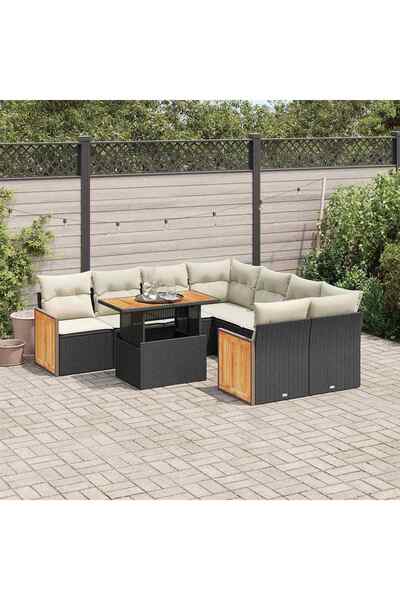 vidaxl Set mobilier gradina perne 9 piese negru poliratan/lemn acacia