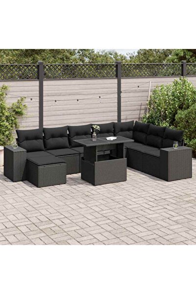 vidaxl Set mobilier de gradina cu perne, 9 piese, negru, poliratan