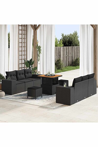 vidaxl Set de canapele pentru gradina cu perna 9 pcs Negru Rattan poli