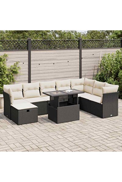 vidaxl Set mobilier de gradina cu perne, 9 piese, negru, poliratan