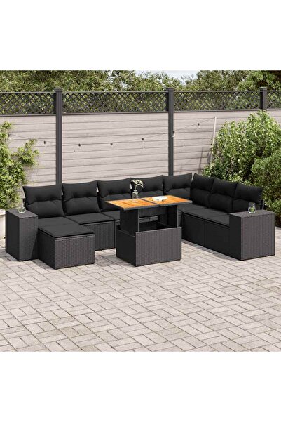 vidaxl Set mobilier gradina perne 9 piese negru poliratan/lemn acacia