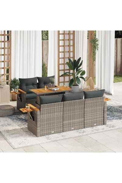 vidaxl Set mobilier gradina cu perne 6 piese gri poliratan/lemn acacia
