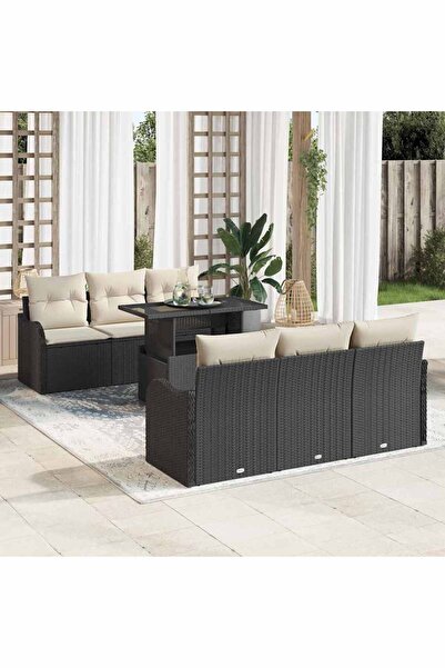 vidaxl Set de canapele pentru gradina cu perna 7 pcs Negru Rattan poli