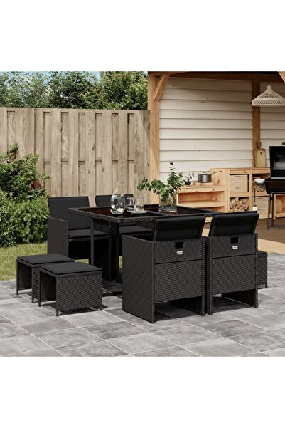vidaxl Set mobilier de gradina cu perne, 9 piese, negru, poliratan