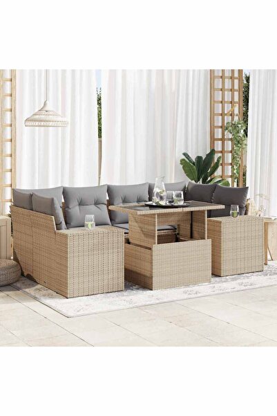vidaxl Set canapele de gradina, 7 piese, cu perne, bej, poliratan