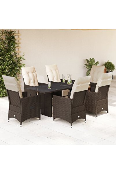 vidaxl Set bistro de gradina cu perne, 7 piese, maro, poliratan