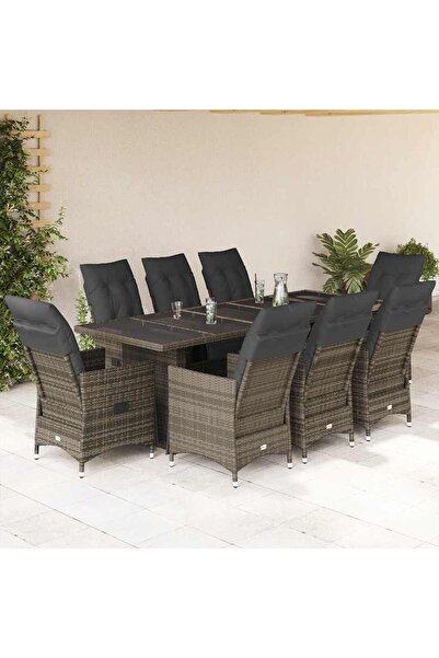 vidaxl Set bistro de gradina cu perne, 9 piese, gri, poliratan