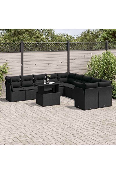 vidaxl Set canapele de gradina cu perne, 11 piese, negru, poliratan