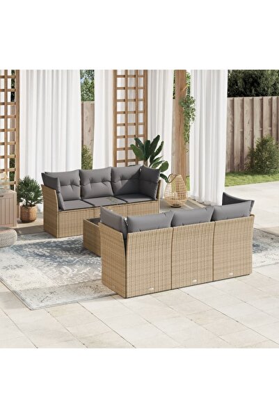 vidaxl Set canapele de gradina, 7 piese, cu perne, bej, poliratan