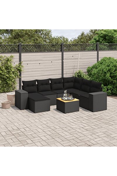 vidaxl Set mobilier de gradina cu perne, 8 piese, negru, poliratan